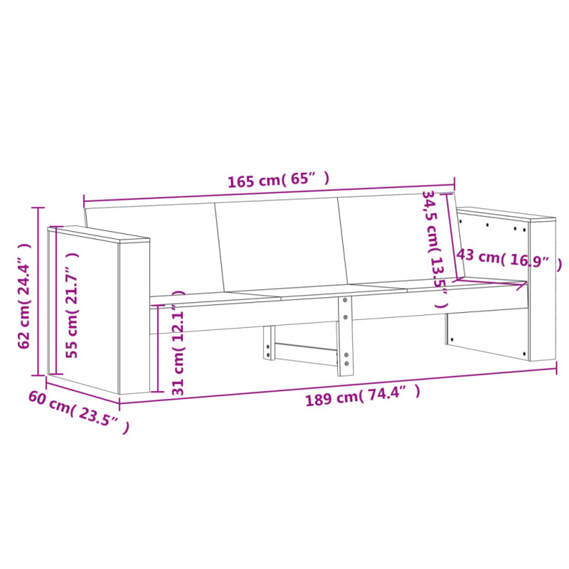 Sofa ogrodowa, 3-osobowa, 189x60x62 cm, lite drewno daglezjowe