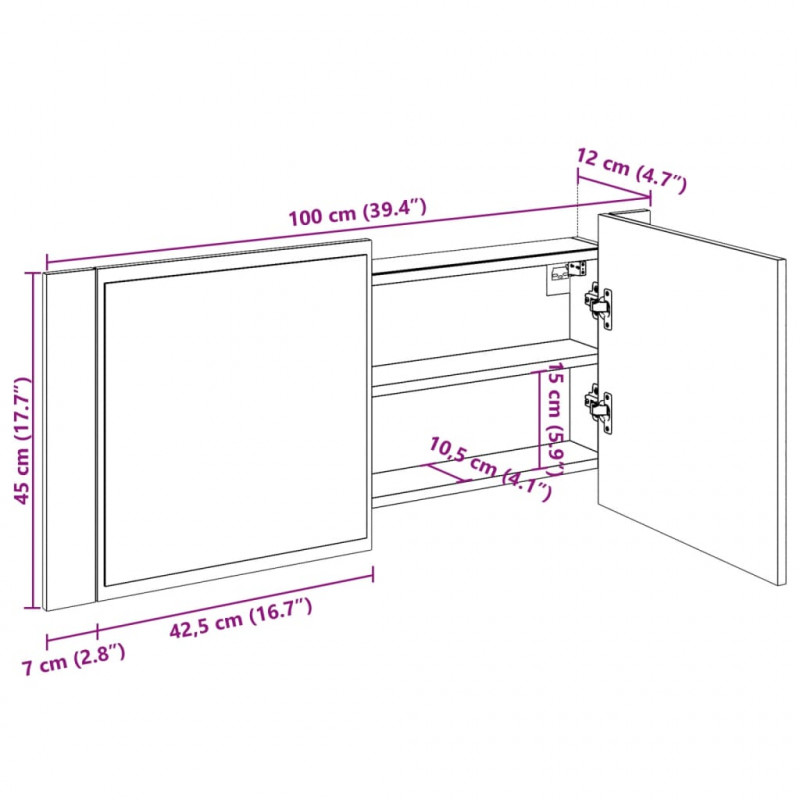 Szafka łazienkowa z lustrem i LED, przydymiony dąb, 100x12x45cm