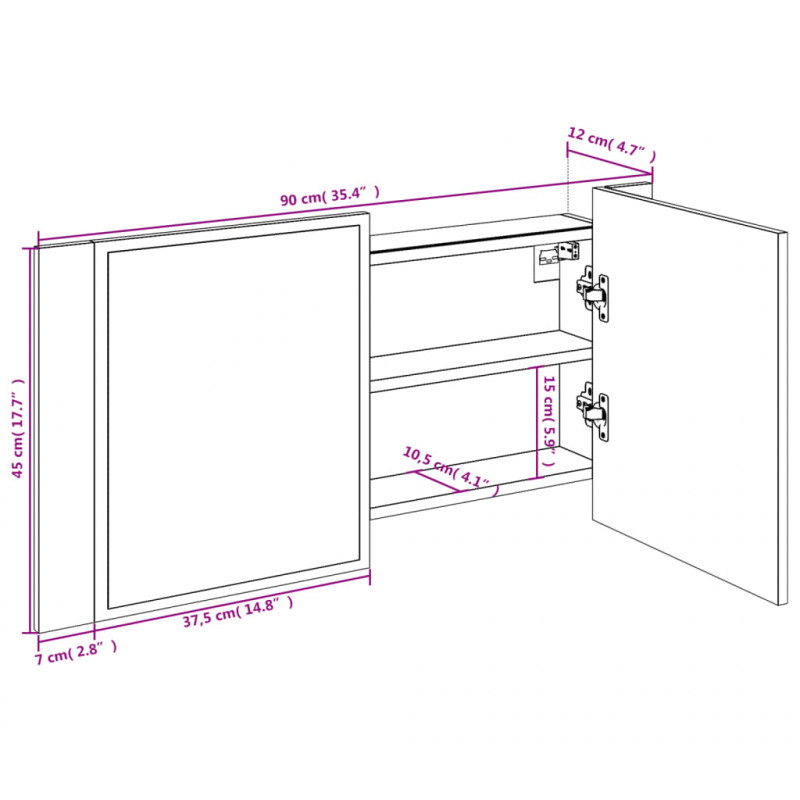 Szafka łazienkowa z lustrem i LED, szary dąb 90x12x45 cm, akryl