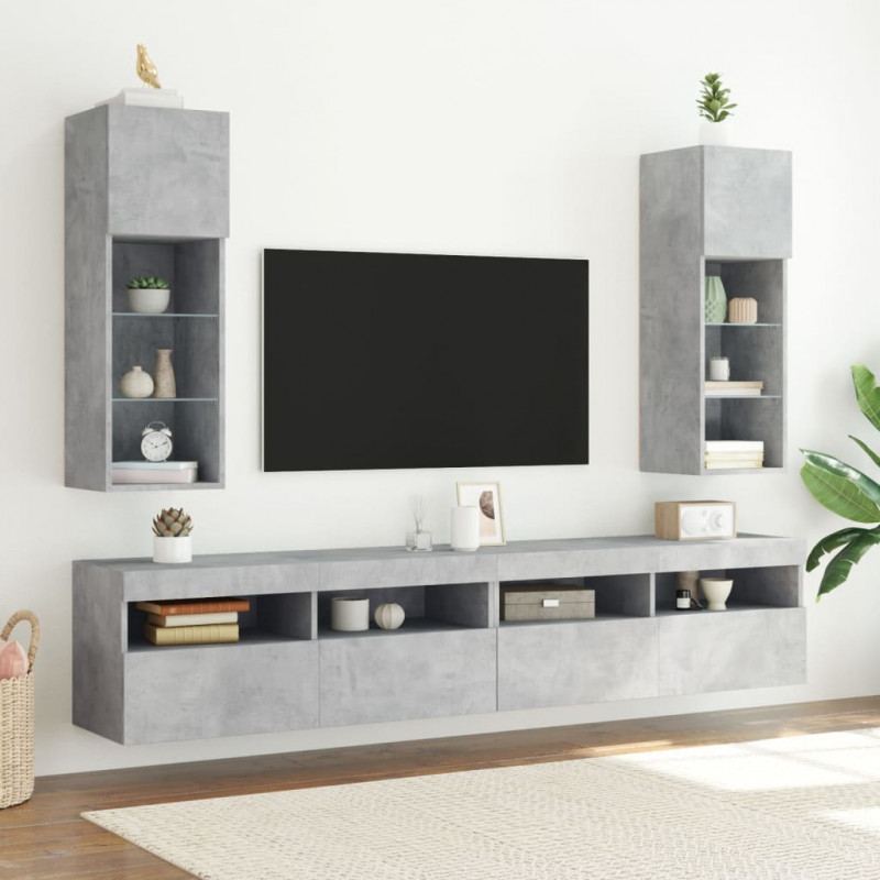 Szafki TV, z LED, 2 szt., szarość betonu, 30,5x30x90 cm