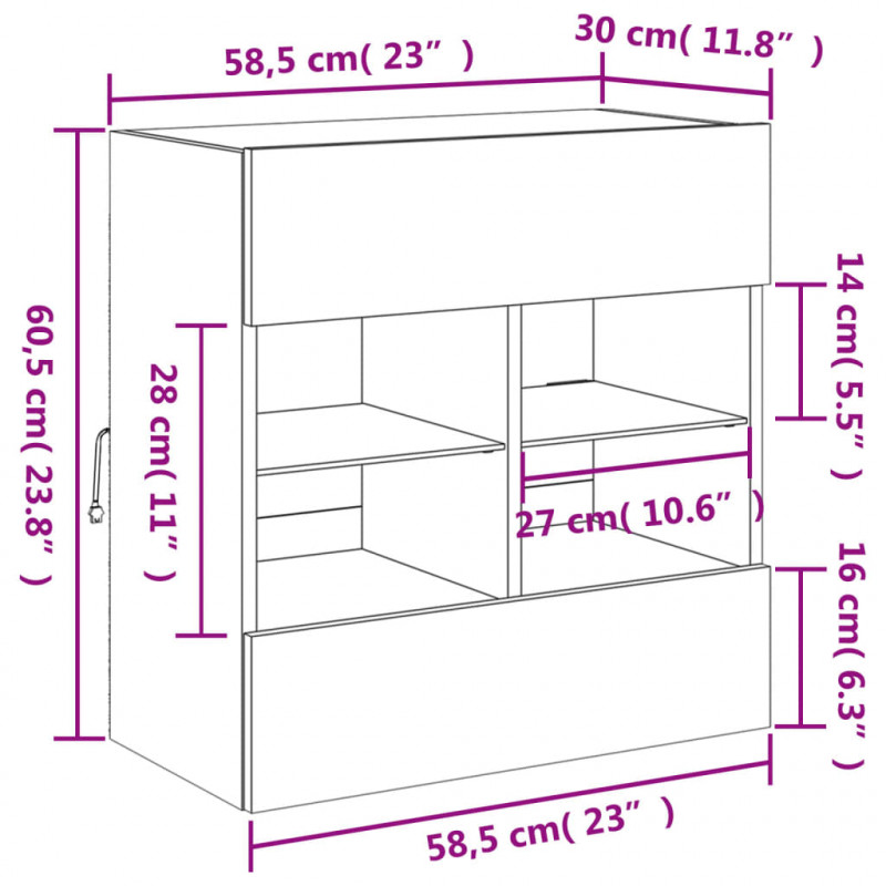 Ścienna szafka TV z LED, przydymiony dąb, 58,5x30x60,5 cm