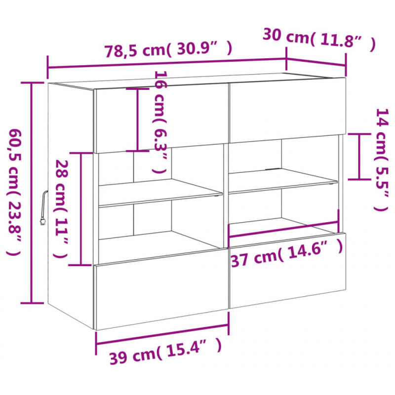 Ścienna szafka TV z LED, brązowy dąb, 78,5x30x60,5 cm