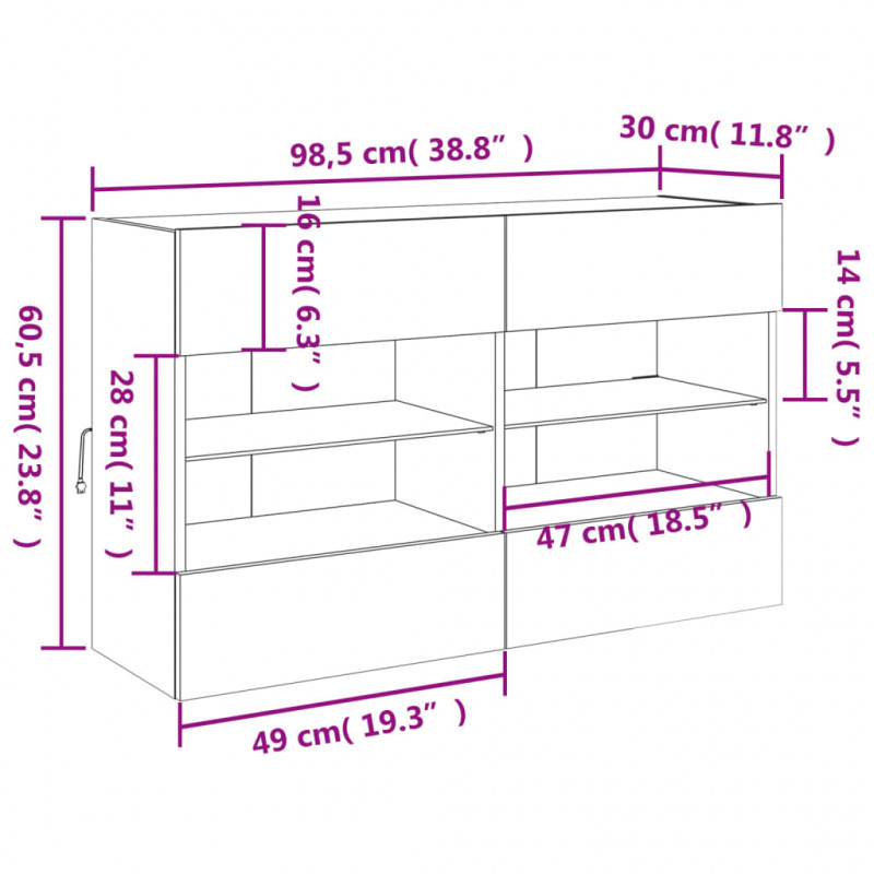 Ścienna szafka TV z LED, szarość betonu, 98,5x30x60,5 cm