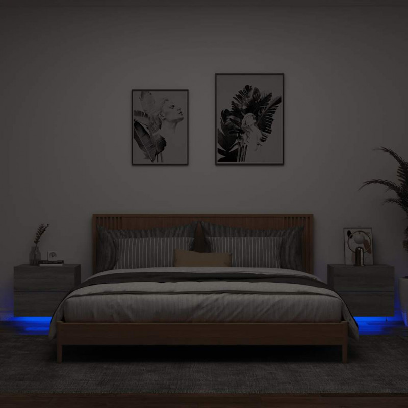 Wiszące szafki nocne z LED, 2 szt., szary dąb sonoma