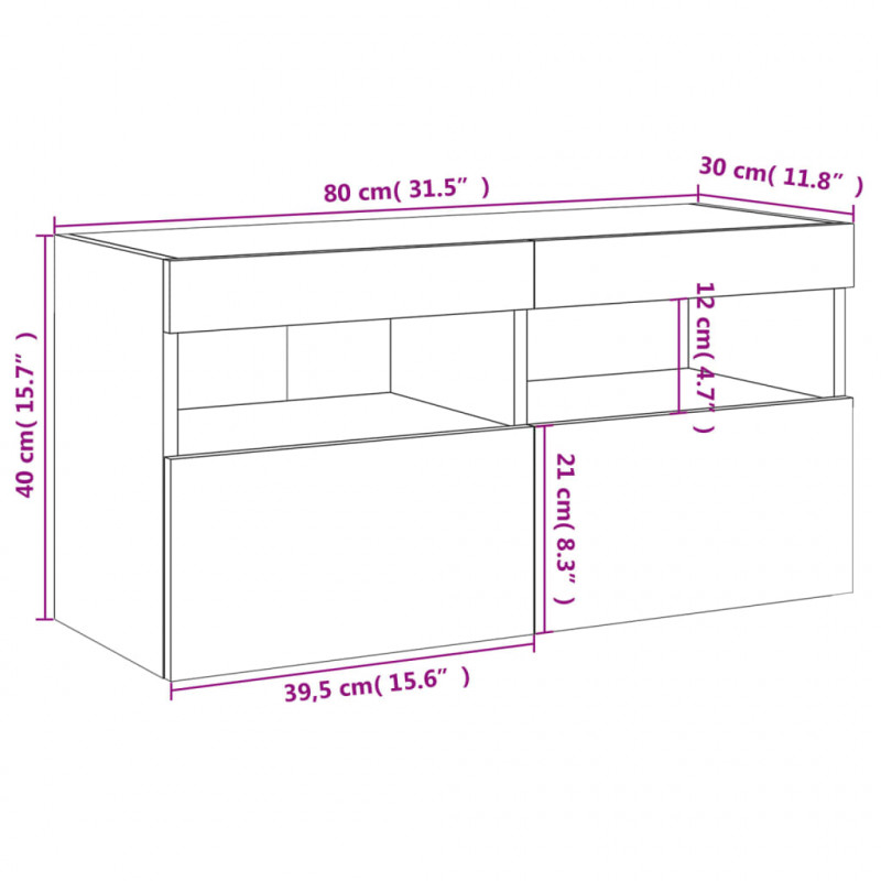 Ścienna szafka TV z LED, biała, 80x30x40 cm
