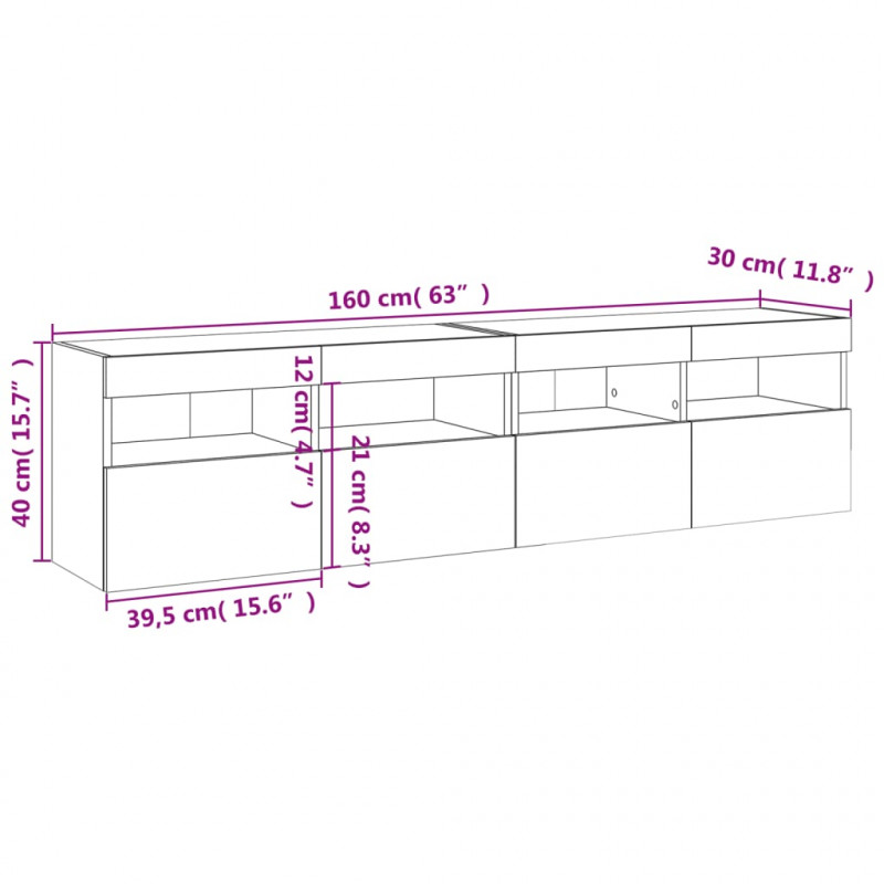 Ścienne szafki TV z LED, 2 szt., dąb sonoma, 80x30x40 cm