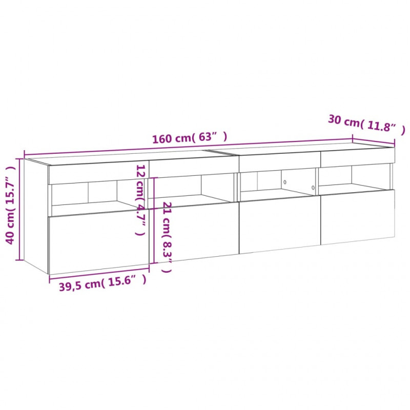 Ścienne szafki TV z LED, 2 szt., szarość betonu, 80x30x40 cm