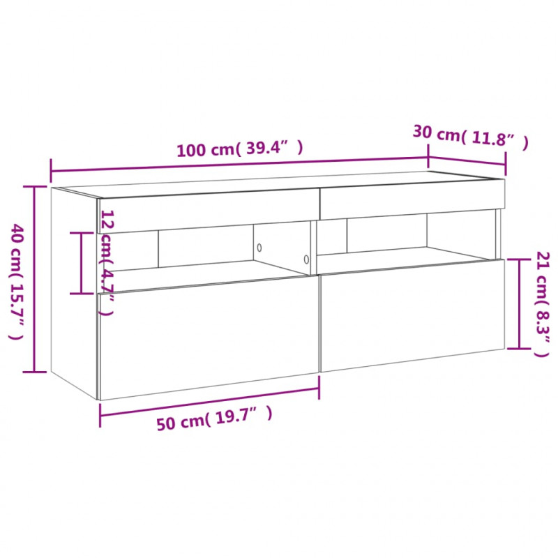 Ścienna szafka TV z LED, dąb sonoma, 100x30x40 cm