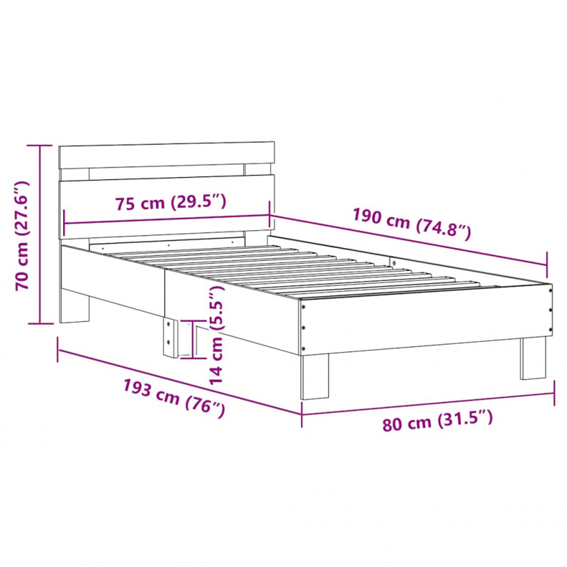 Rama łóżka z wezgłowiem i LED, czarna, 75x190 cm