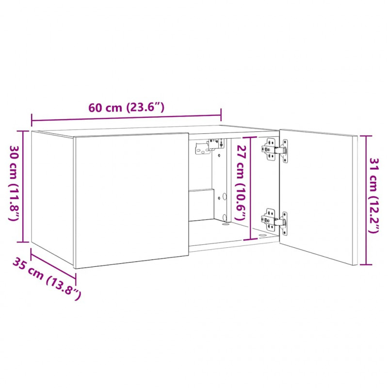 Ścienna szafka TV z LED, przydymiony dąb, 60x35x31 cm