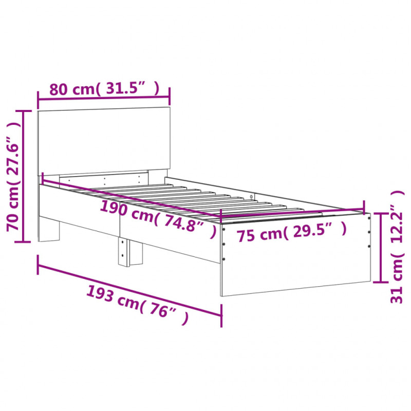 Rama łóżka z wezgłowiem i LED, biała, 75x190 cm