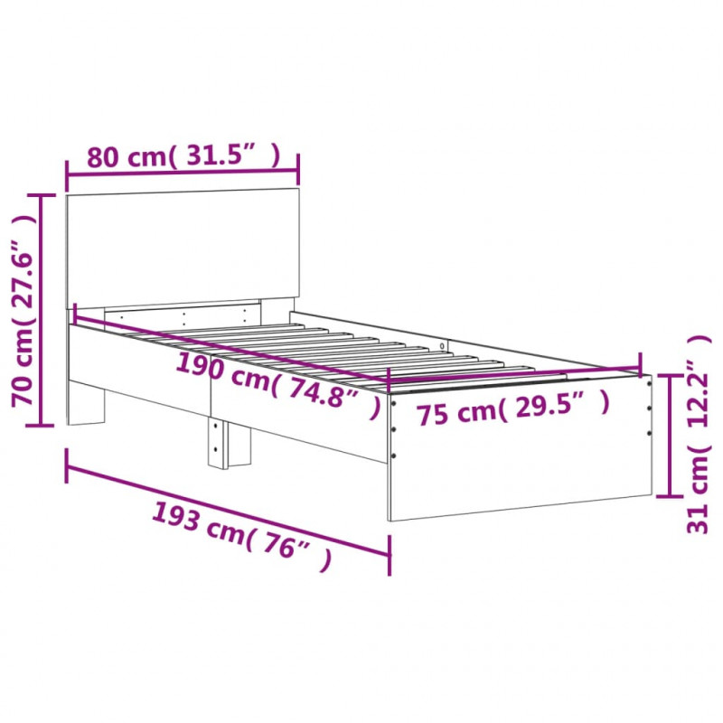 Rama łóżka z wezgłowiem i LED, brązowy dąb, 75x190 cm
