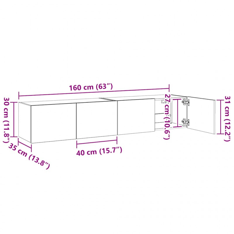 Ścienne szafki TV z LED, 2 szt., przydymiony dąb, 80x35x31 cm