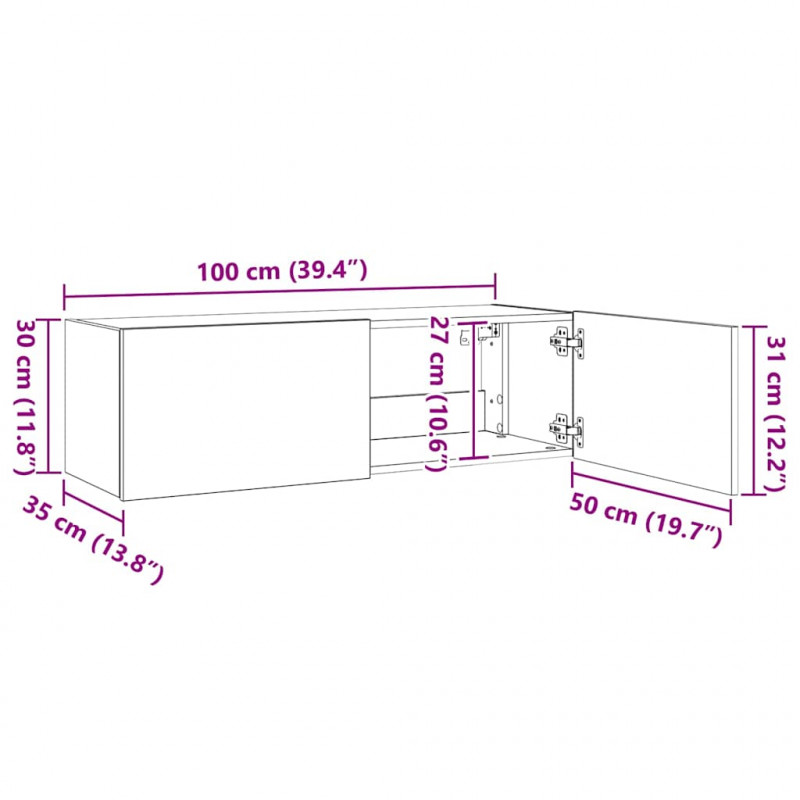 Ścienna szafka TV z LED, szarość betonu, 100x35x31 cm
