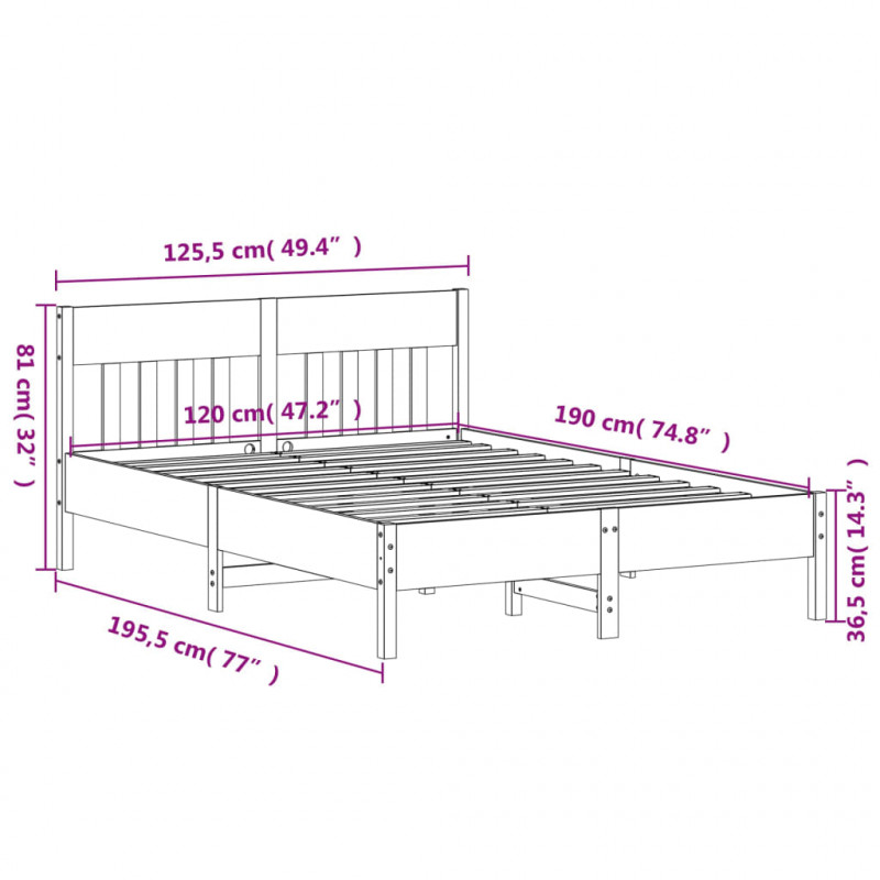 Rama łóżka bez materaca, woskowy brąz, 120x190 cm, sosnowa