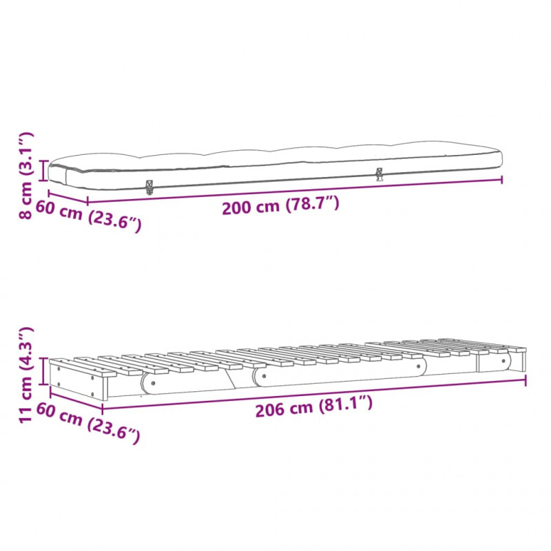 Sofa rozkładana typu futon, z materacem, 60x206x11 cm, sosnowa