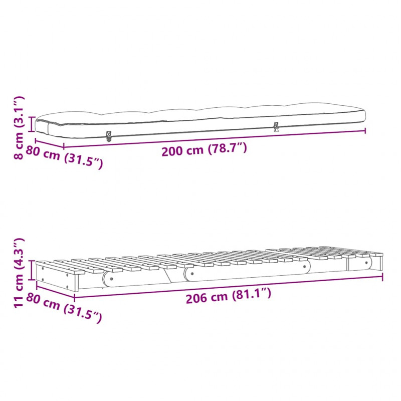 Sofa rozkładana futon, z materacem, 80x206x11 cm, daglezjowa