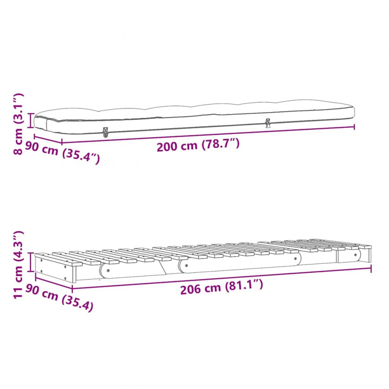 Sofa rozkładana typu futon, z materacem, 90x206x11 cm, sosnowa