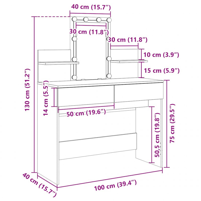 Toaletka z oświetleniem LED, biała, 100x40x130 cm