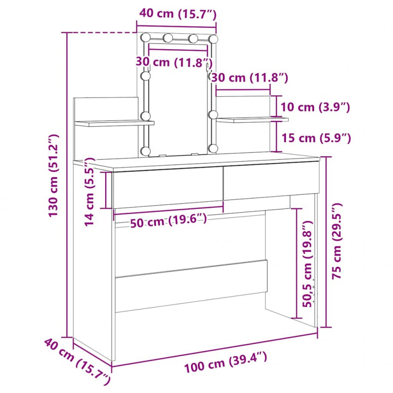 Toaletka z oświetleniem LED, dąb sonoma, 100x40x130 cm