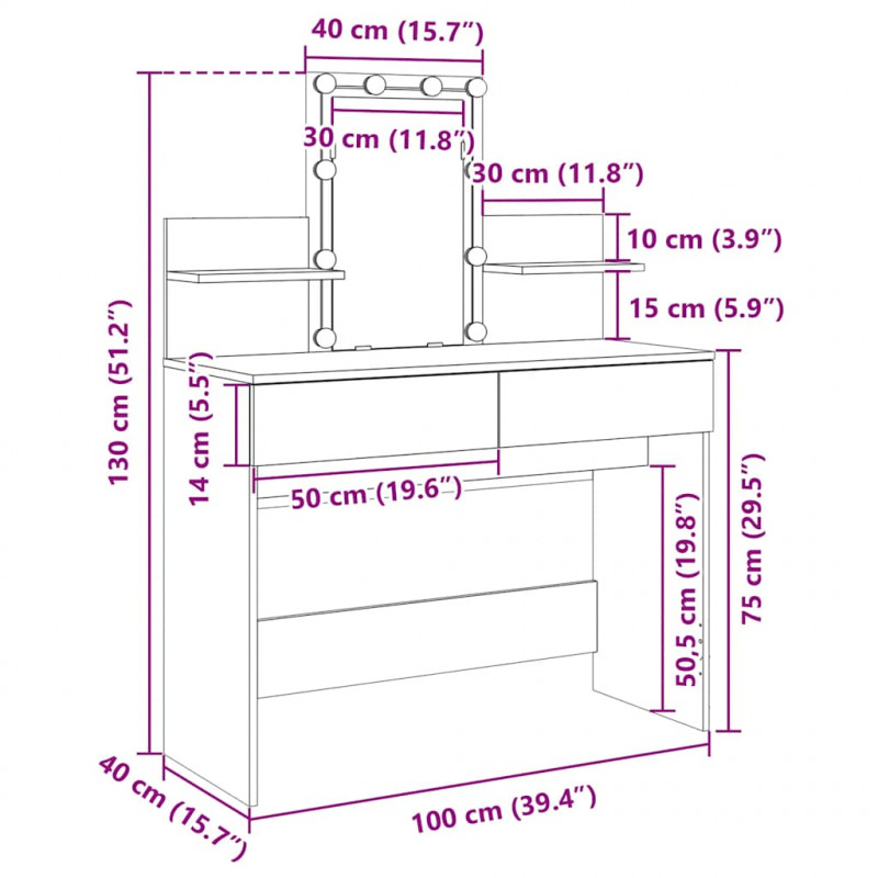 Toaletka z oświetleniem LED, przydymiony dąb, 100x40x130 cm