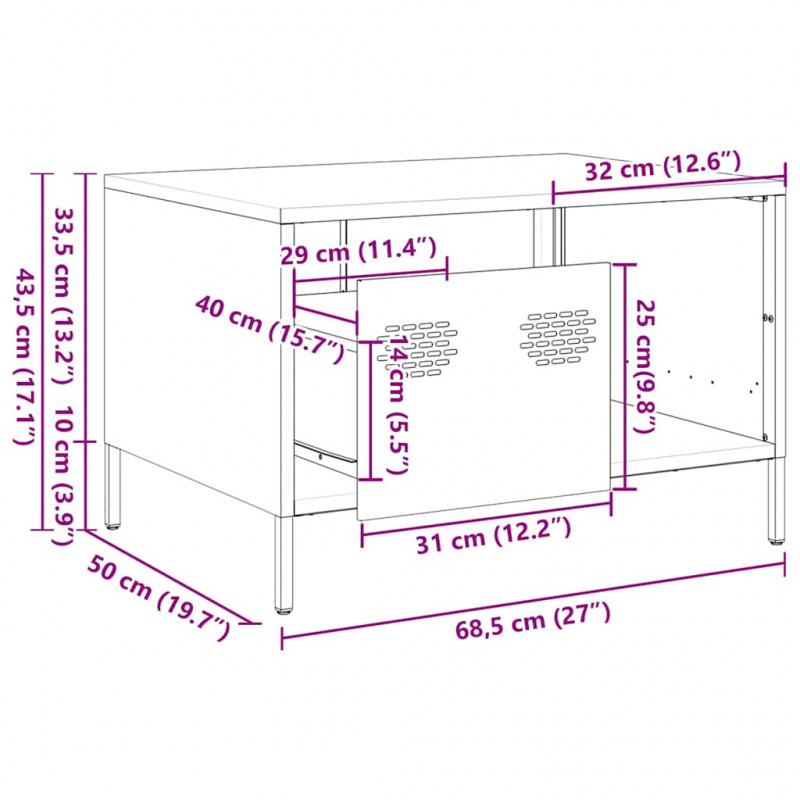 Stolik kawowy oliwkowy 68,5x50x43,5 cm stal walcowana na zimno
