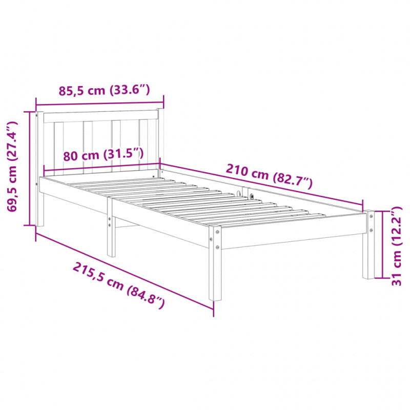 Dłuższe łóżko bez materaca, 80x210 cm, lite drewno sosnowe