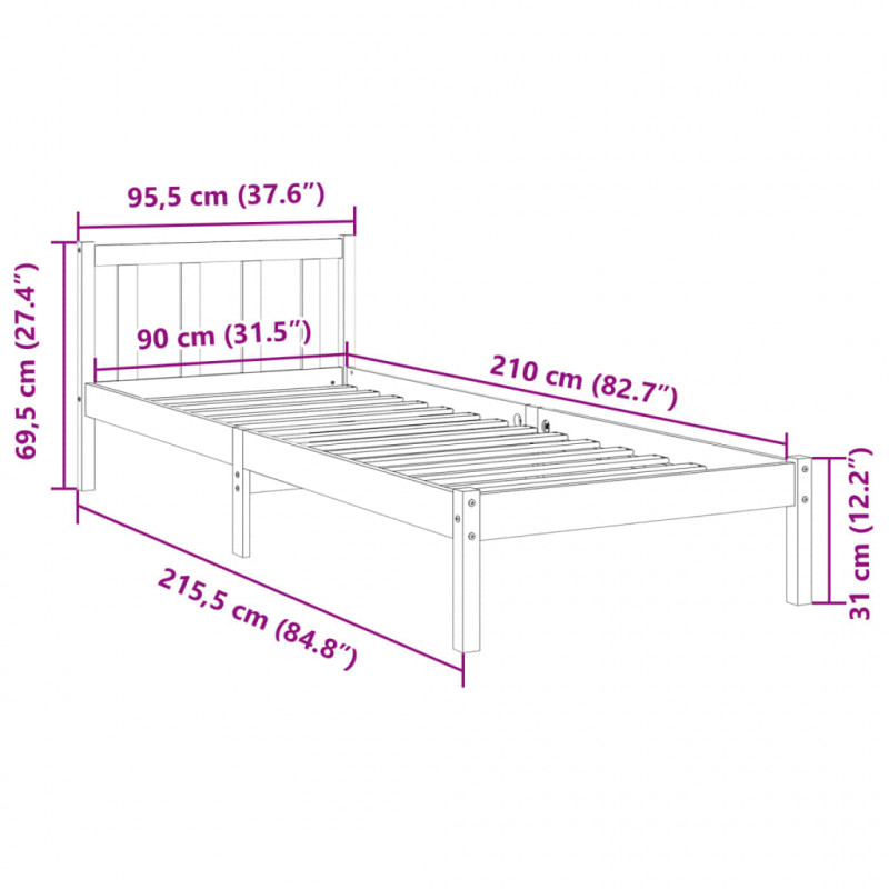 Dłuższe łóżko bez materaca, 90x210 cm, lite drewno sosnowe