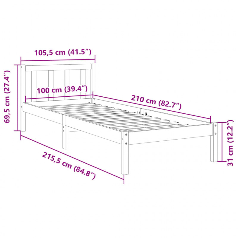 Dłuższe łóżko bez materaca, 100x210 cm, lite drewno sosnowe