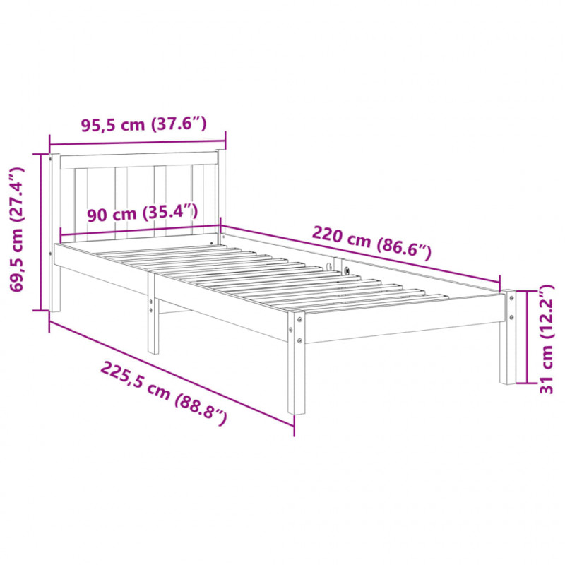 Dłuższe łóżko bez materaca, 90x220 cm, lite drewno sosnowe