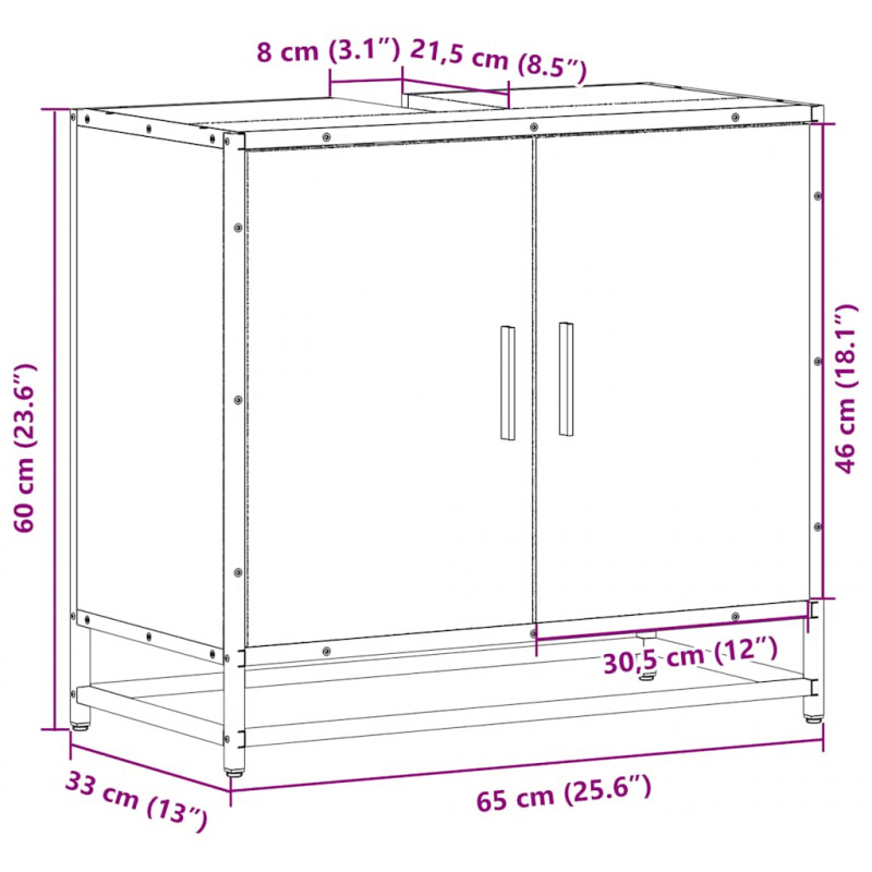 Szafka pod umywalkę łazienkową Sonoma Oak 65x33x60 cm Drewno klejone