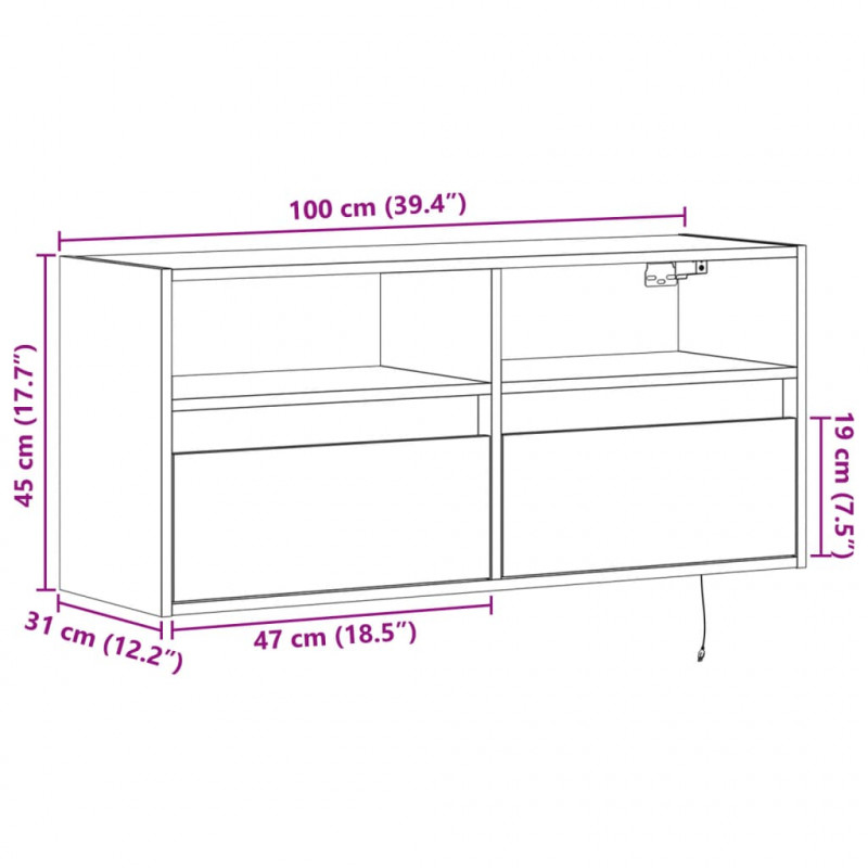 Ścienna szafka TV z LED, przydymiony dąb, 100x31x45 cm