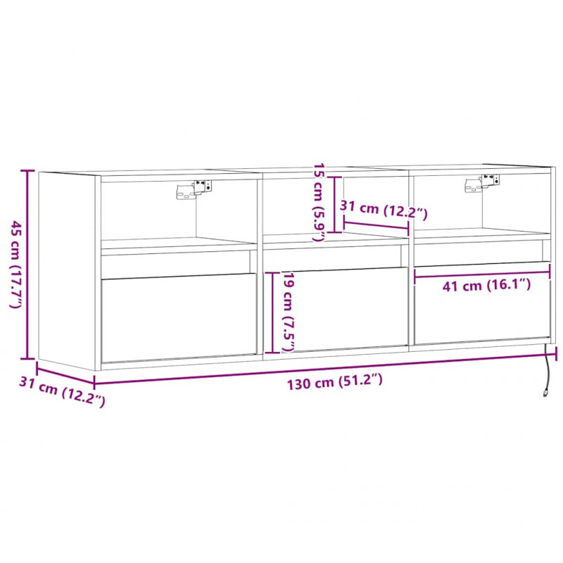 Ścienna szafka TV z LED, szarość betonu, 130x31x45 cm