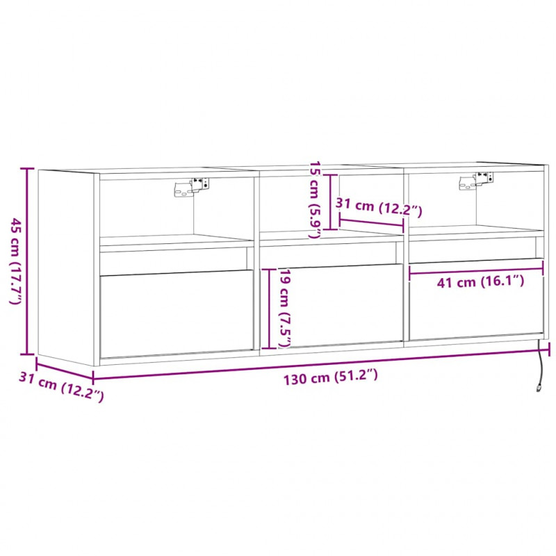 Ścienna szafka TV z LED, przydymiony dąb, 130x31x45 cm