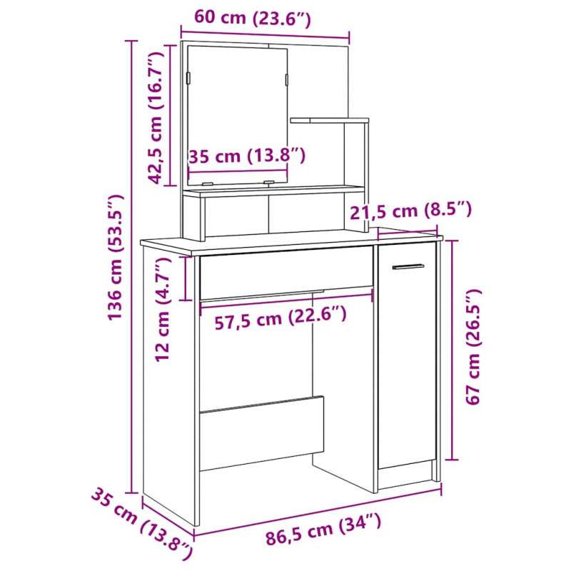 Toaletka z lustrem Stare drewno 86,5x35x136 cm