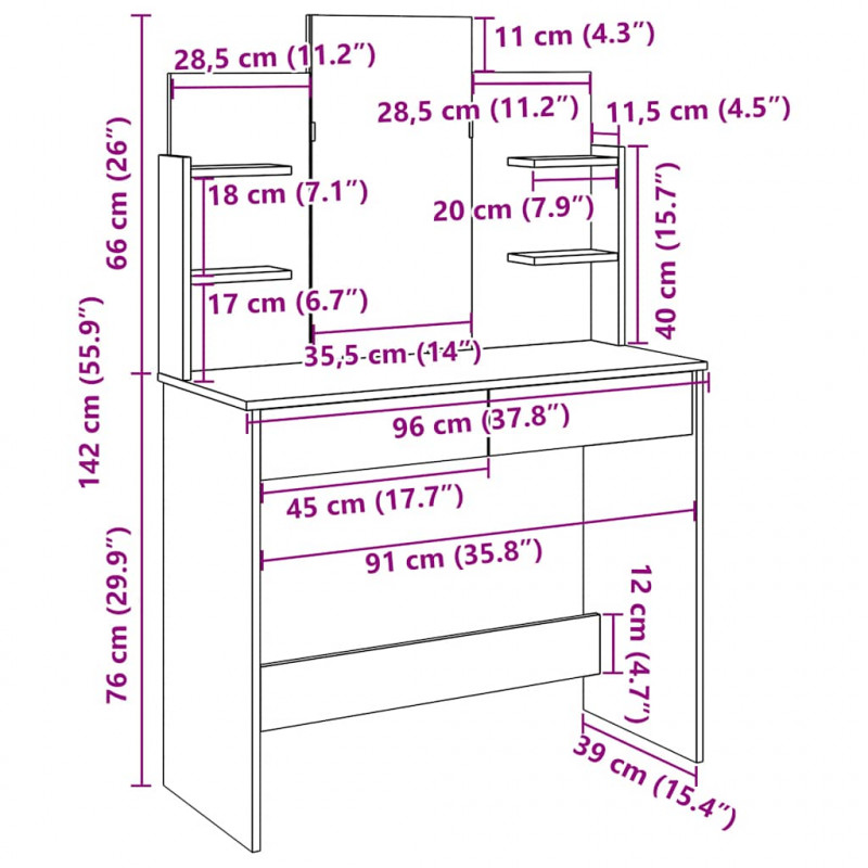 Toaletka z lustrem, stare drewno, 96x39x142 cm