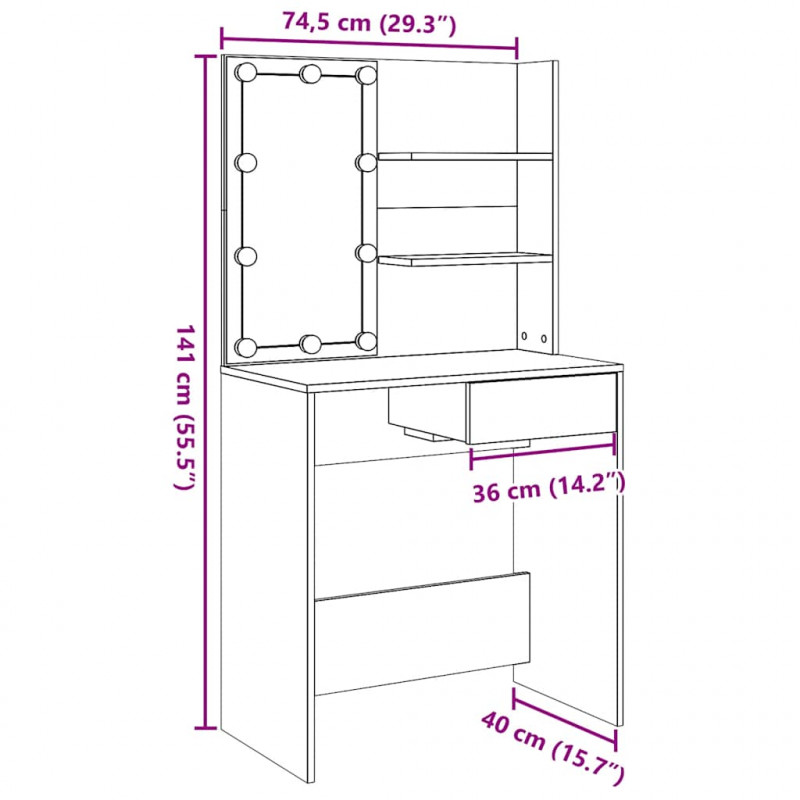 Toaletka z LED Stare drewno 74,5x40x141 cm