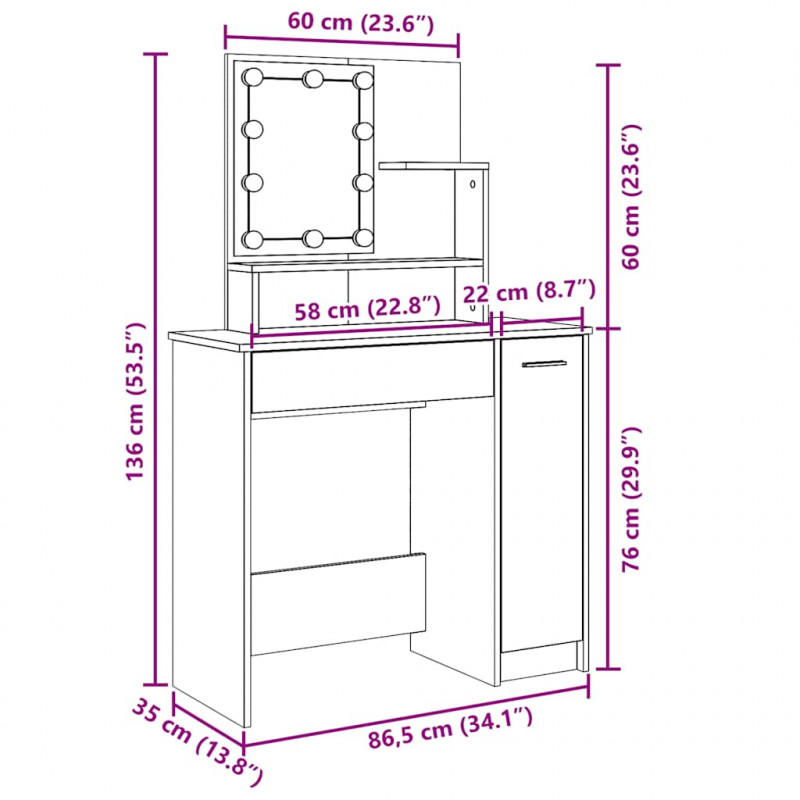 Toaletka z oświetleniem LED, stare drewno, 86,5x35x136 cm