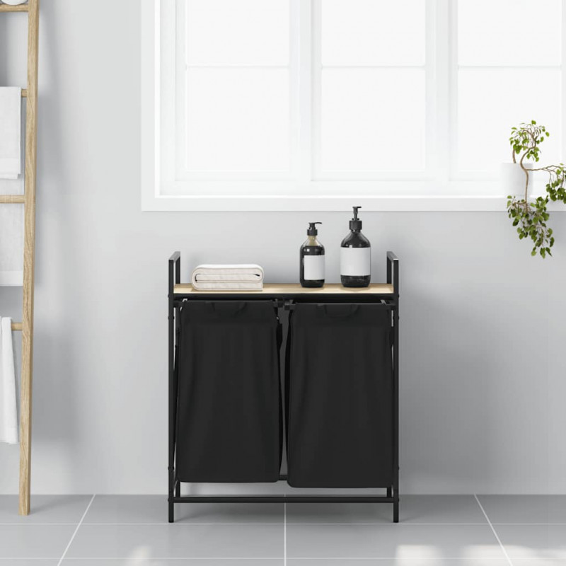 Kosz na pranie 2 przegrody z półką, dąb sonoma