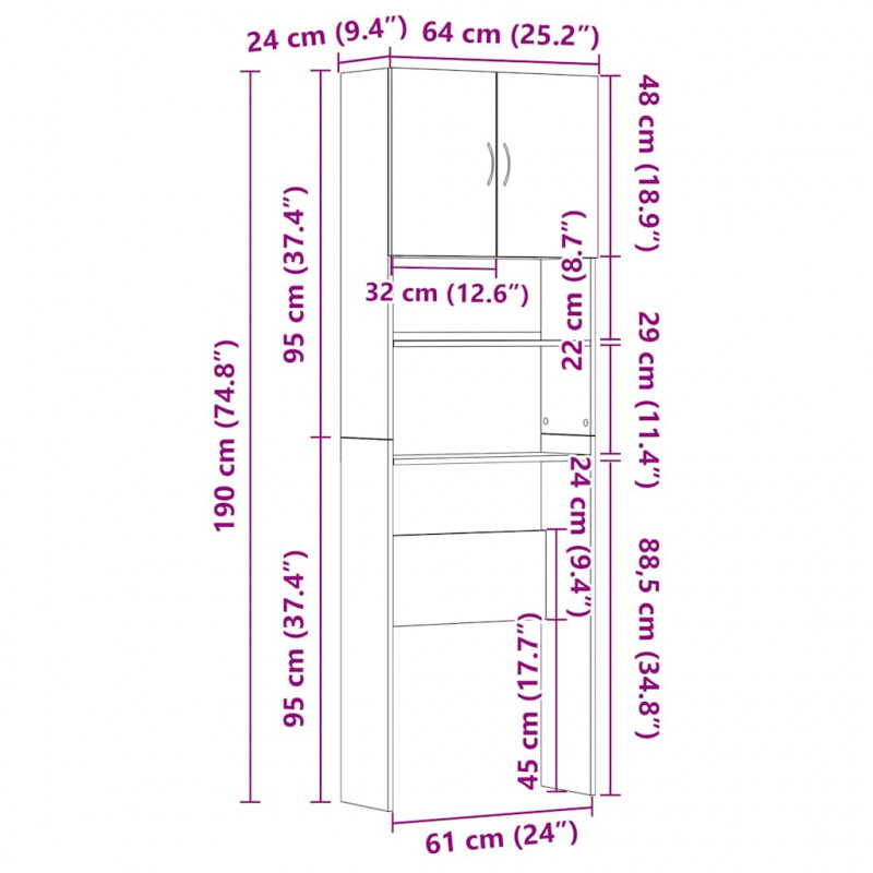 Szafka pod pralkę dąb wędzony 64x24x190 cm Drewno klejone