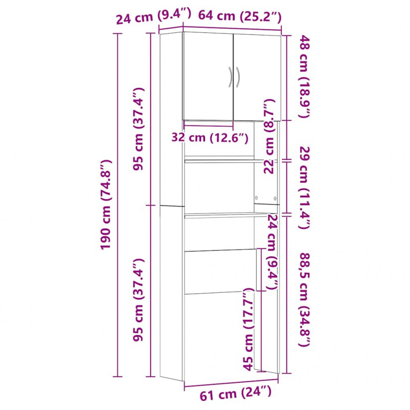 Szafka pod pralkę Stare drewno 64x24x190 cm Drewno klejone