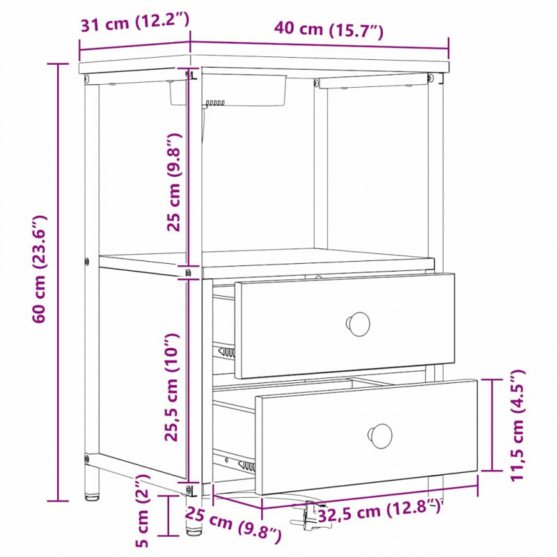 Szafka Nocna z szufladą 2 pcs Brązowy dąb 40 x 31 x 60 cm