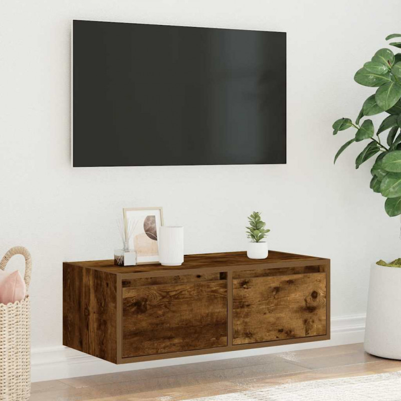 Szafka pod TV z LED, przydymiony dąb, 75x35,5x25 cm