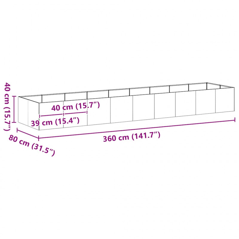Doniczka 360x80x40 cm Stal nierdzewna