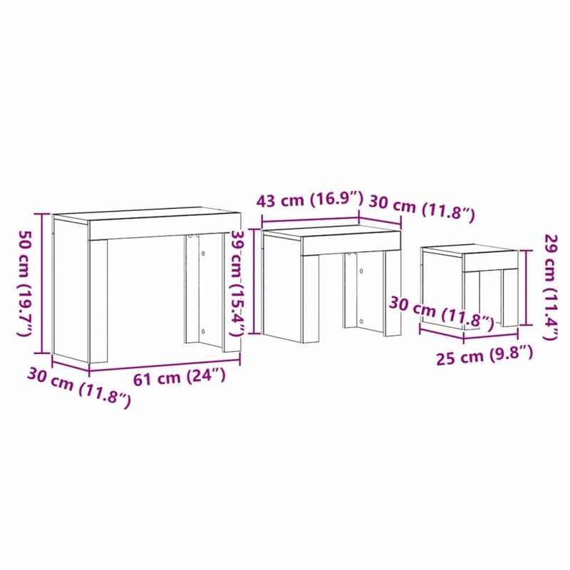Stolik gniazdowy 3 pcs Czarny Dąb Materiał drewnopochodny