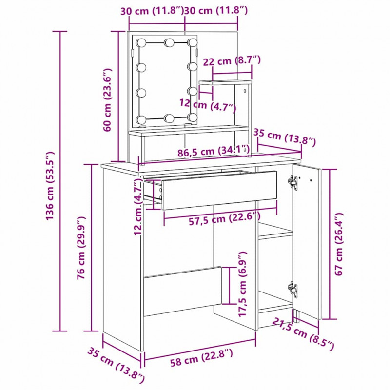 Toaletka Czarny Dąb 86,5 x 35 x 136 cm Materiał drewnopochodny