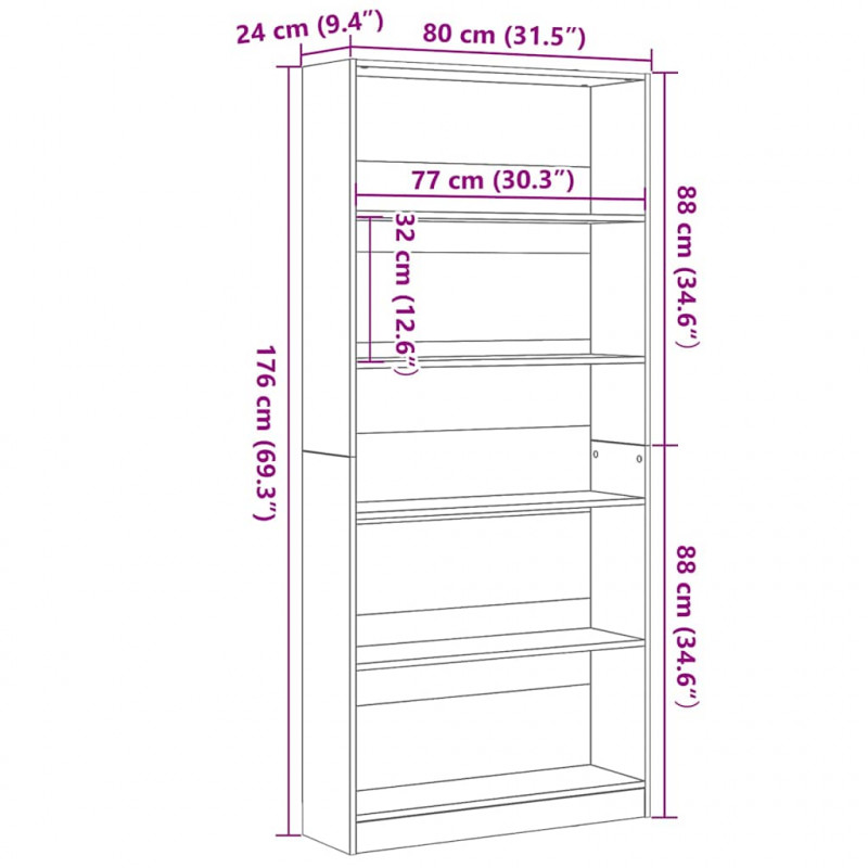 Regał biblioteczny Czarny Dąb 80x24x176 cm Drewno klejone