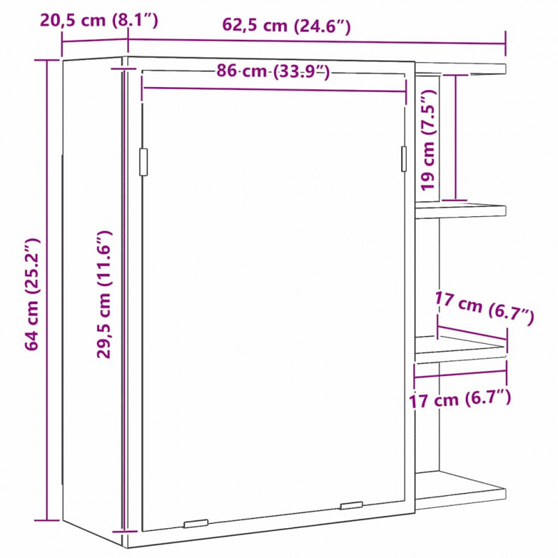 Szafka z lustrem do łazienki Czarny Dąb 62,5 x 20,5 x 64 cm