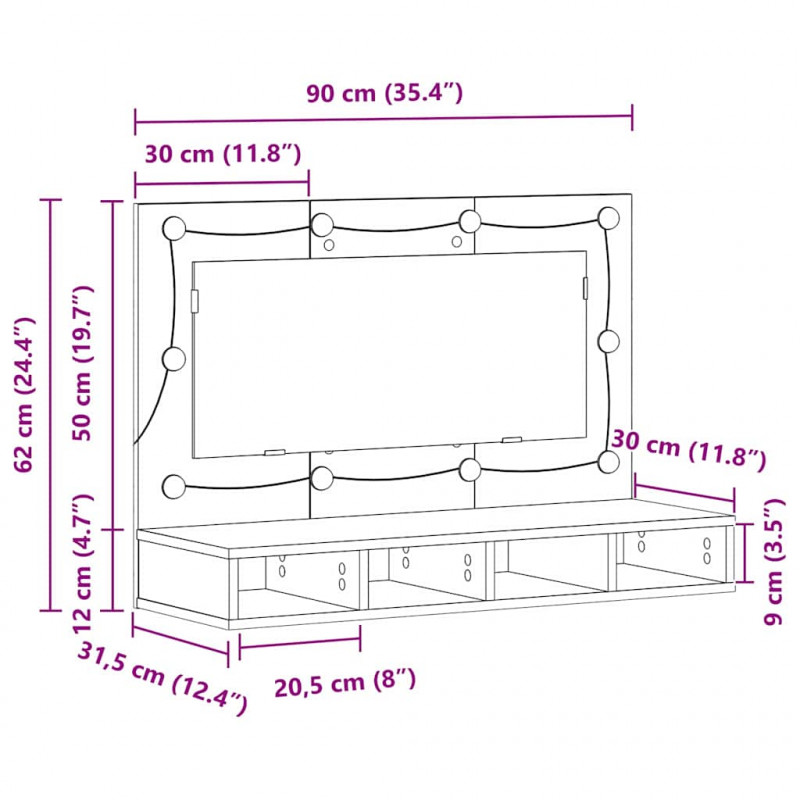 Szafka z lustrem Ze LED Lights Czarny Dąb 90 x 31,5 x 62 cm