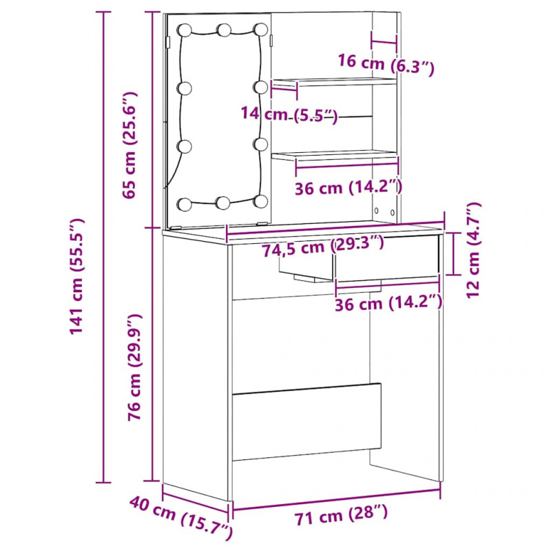 Toaletka Czarny Dąb 74,5 x 40 x 141 cm Materiał drewnopochodny